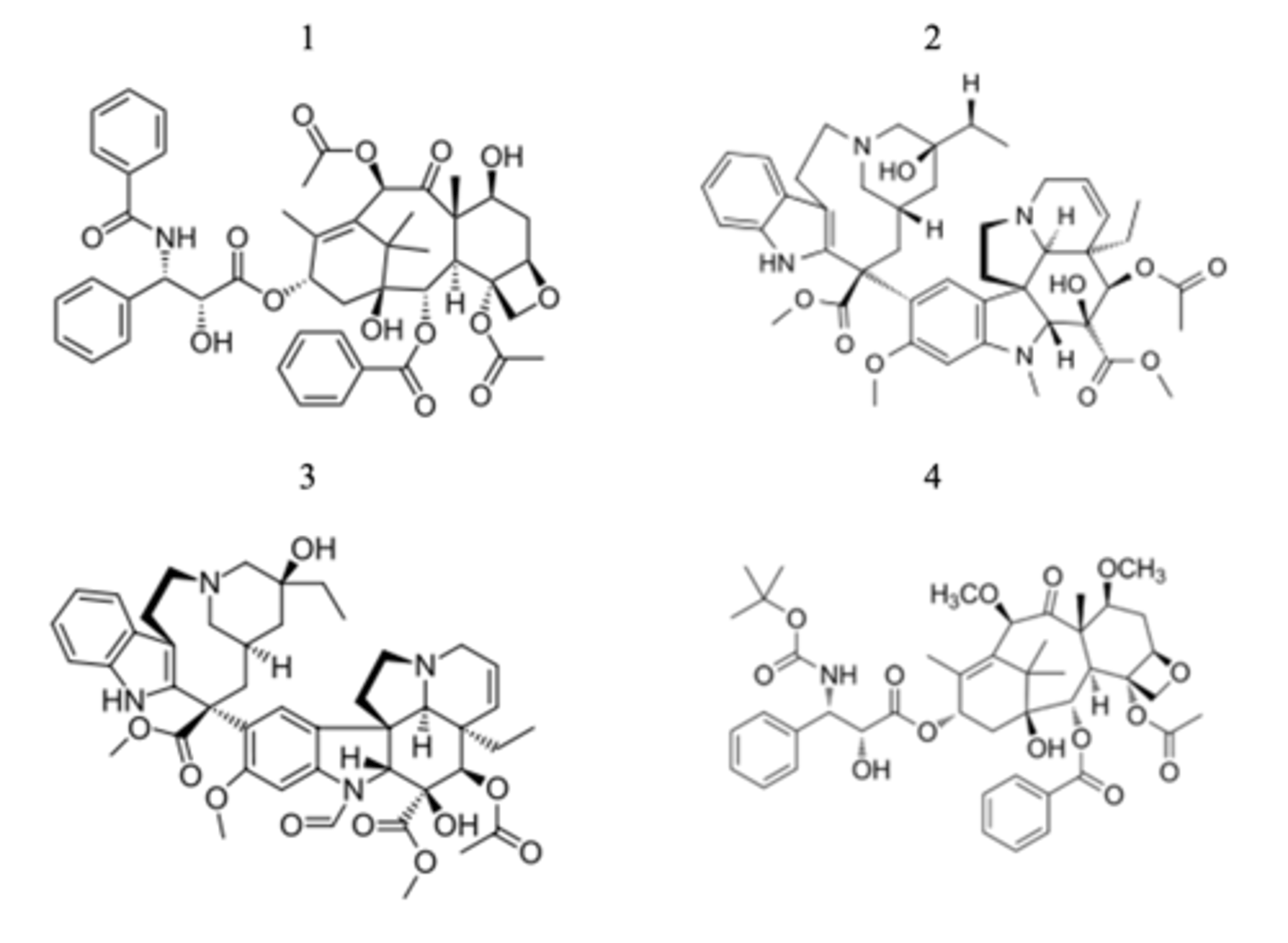 <p>Shown below are 4 drugs that serve as mitosis inhibitors in cancer chemotherapy. Which are taxanes and which are vinca alkaloids?</p>