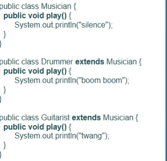 <p>Which statement is not valid?</p><p></p><p>a) Musician drummer0 = new Musician();</p><p>b) Musician drummer1 = new Drummer();</p><p>c) Drummer drummer3 = new Drummer();</p><p>d) Drummer drummer4 = new Musician();</p><p>e) All are valid</p>