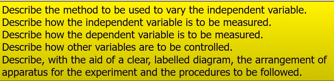 <p>1) List independent and dependant variables</p><p>2) Experimental technique</p><p>3)Graph</p>