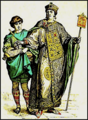 oblong/square panel of Byzantine emperor and attendants' chlamys. showed rank and was usually worn in contrasting fabric, open edge over chest