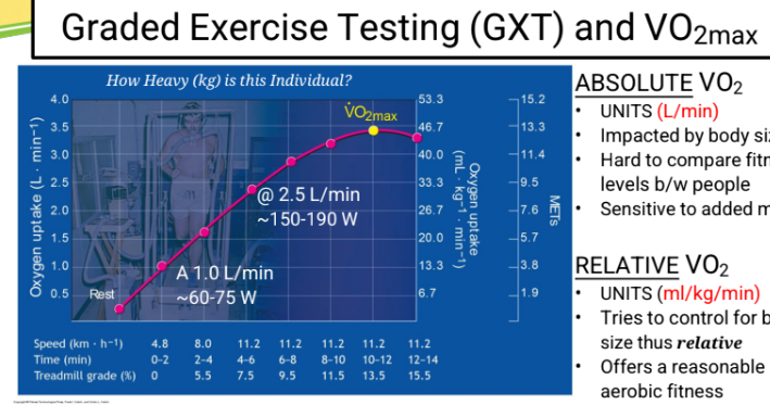 <p>ABSOLUTE VO2</p><p>• UNITS (L/min)</p><p>• Impacted by body size</p><p>• Hard to compare fitness levels b/w people</p><p>• Sensitive to added mass</p><p>RELATIVE VO2</p><p>• UNITS (ml/kg/min)</p><p>• Tries to control for body size thus relative</p><p>• Offers a reasonable aerobic fitness comparison between people</p>