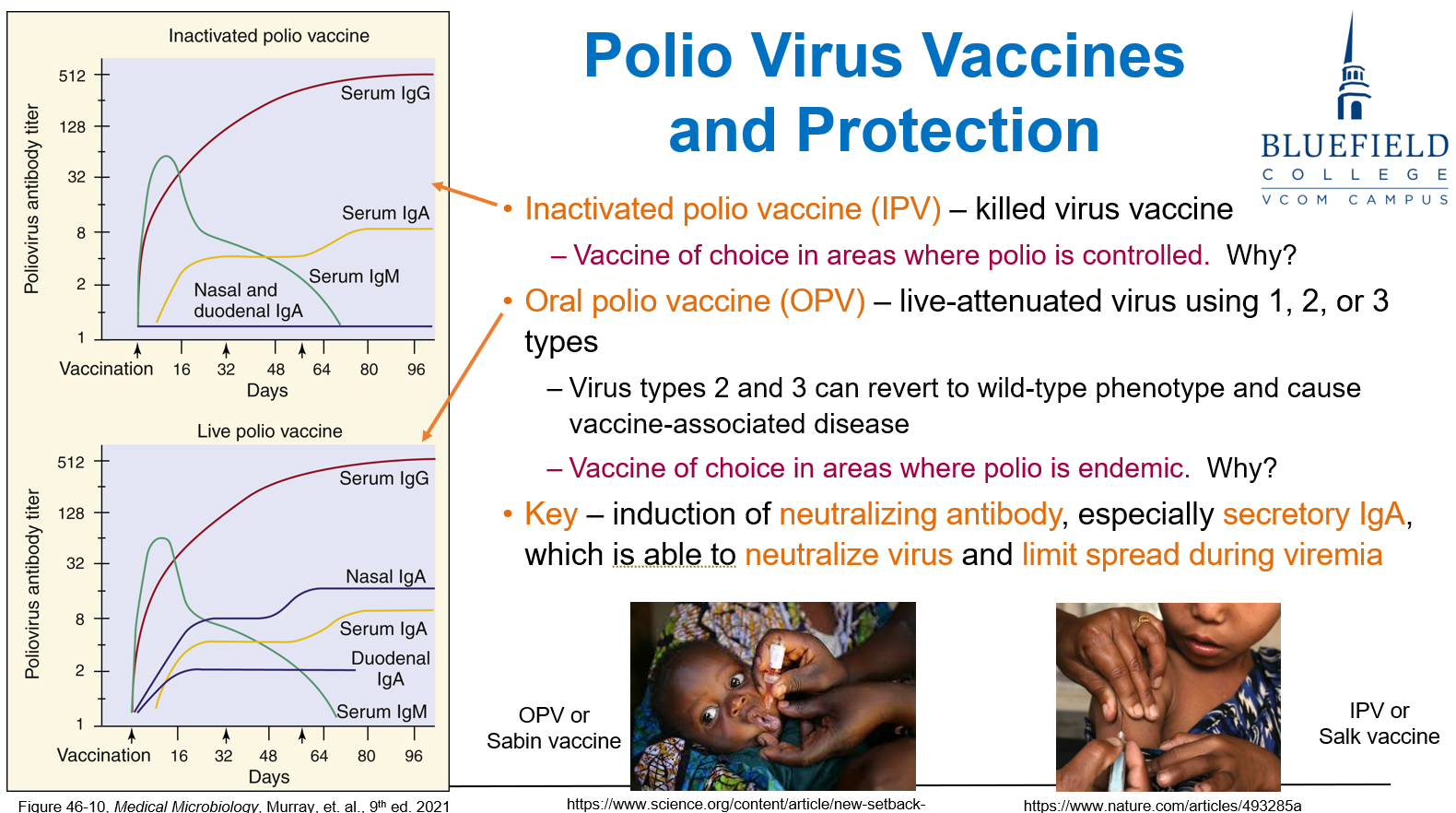 <ul><li><p><strong>IPV (Inactivated Polio Vaccine)</strong> – killed virus, used where <strong>polio is controlled</strong>.</p></li><li><p><strong>OPV (Oral Polio Vaccine)</strong> – live-attenuated virus, used where <strong>polio is endemic</strong> (risk of reversion).</p></li></ul><p></p>