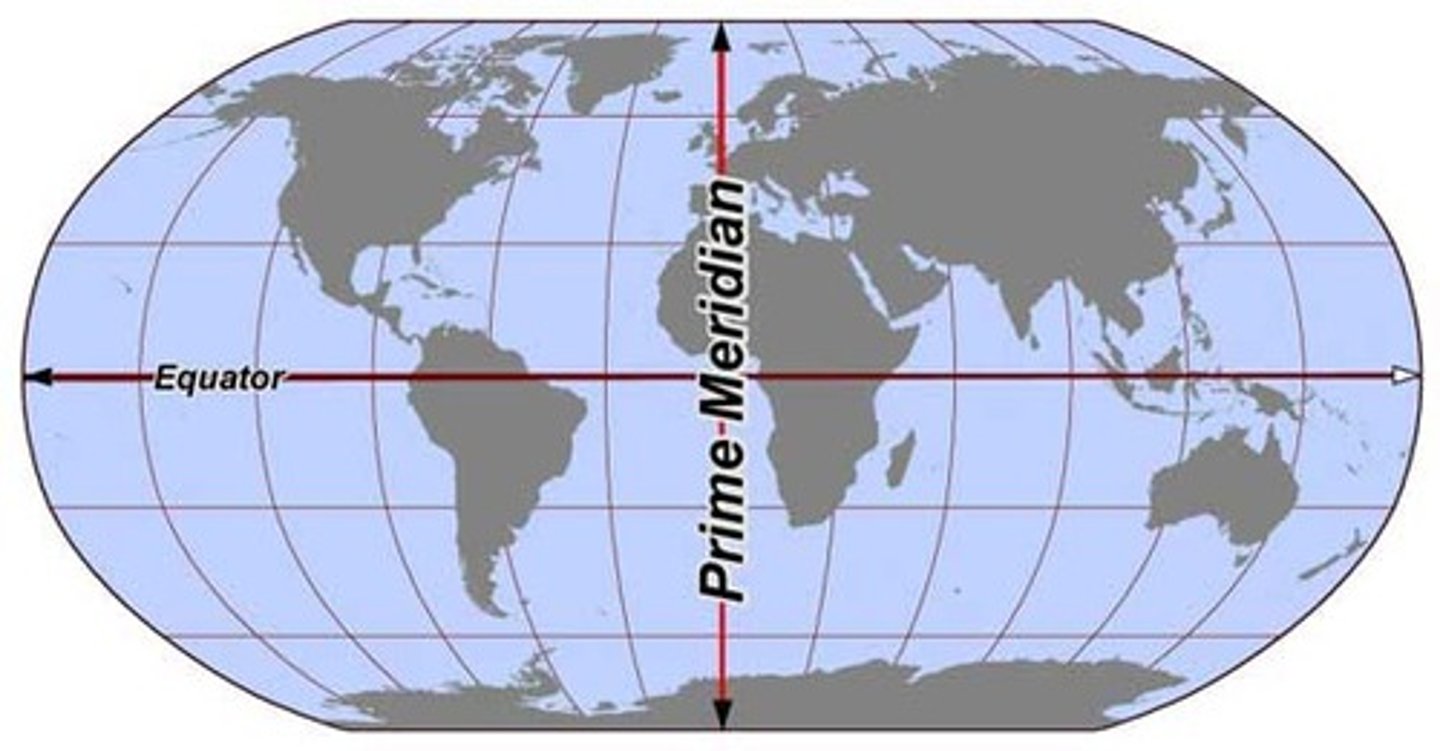 <p>0 degrees Longitude; starting point for measuring distance</p>