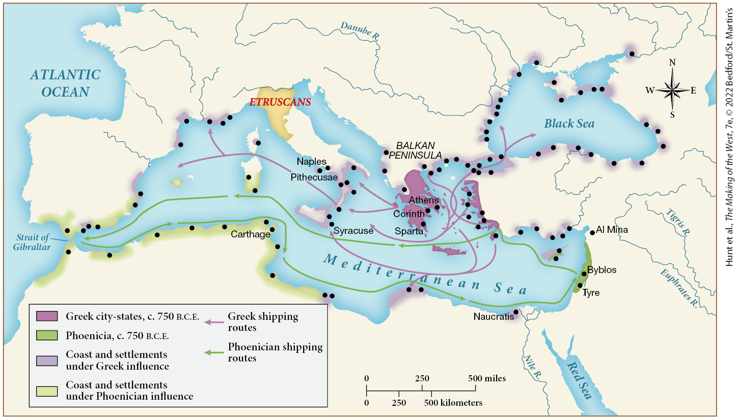 <p><span>Based on this map, who did Greek city-states tend to trade with from 750 to 500 B.C.E.?</span></p>