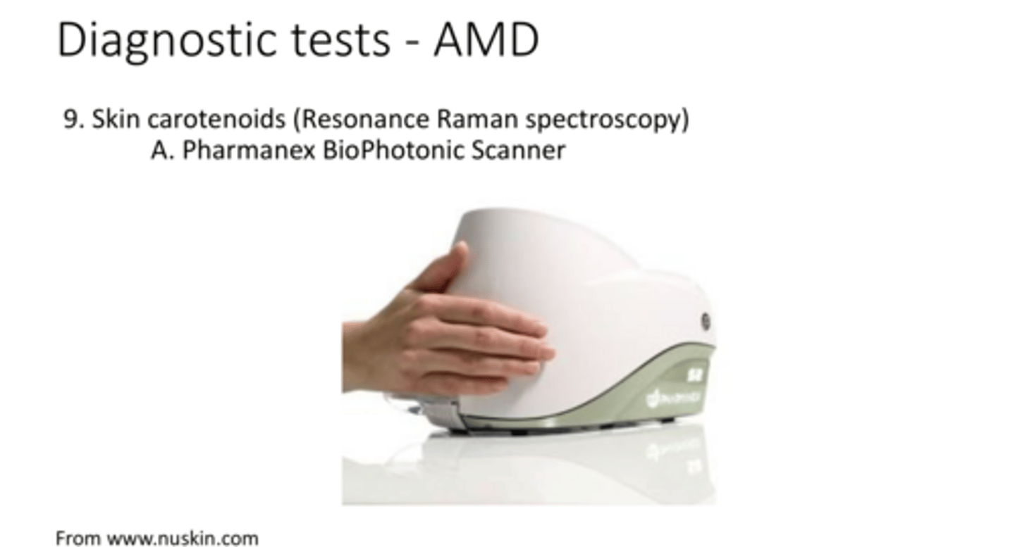 <p>Measuring Skin Carotenoids for Diagnostic Marker of AMD (Pic)</p><p>**correlates w/ levels of carotenoids in the macula</p>