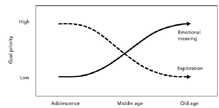 <p>The approach of endings, due to aging or other (e.g., geographic relocations, severe illness) elicits motivational changes:</p><ul><li><p>Emotionally meaningful goals are prioritized over exploration.</p></li></ul><p></p><p>Effects:</p><ul><li><p>Effects on preferences, social networks, and emotional experience.</p></li><li><p><strong>Positivity effect</strong> in cognitive processing of older adults:</p><ul><li><p>Pay more attention to, better remember, and place more priority on positive than on negative information. </p></li></ul></li></ul><p></p>