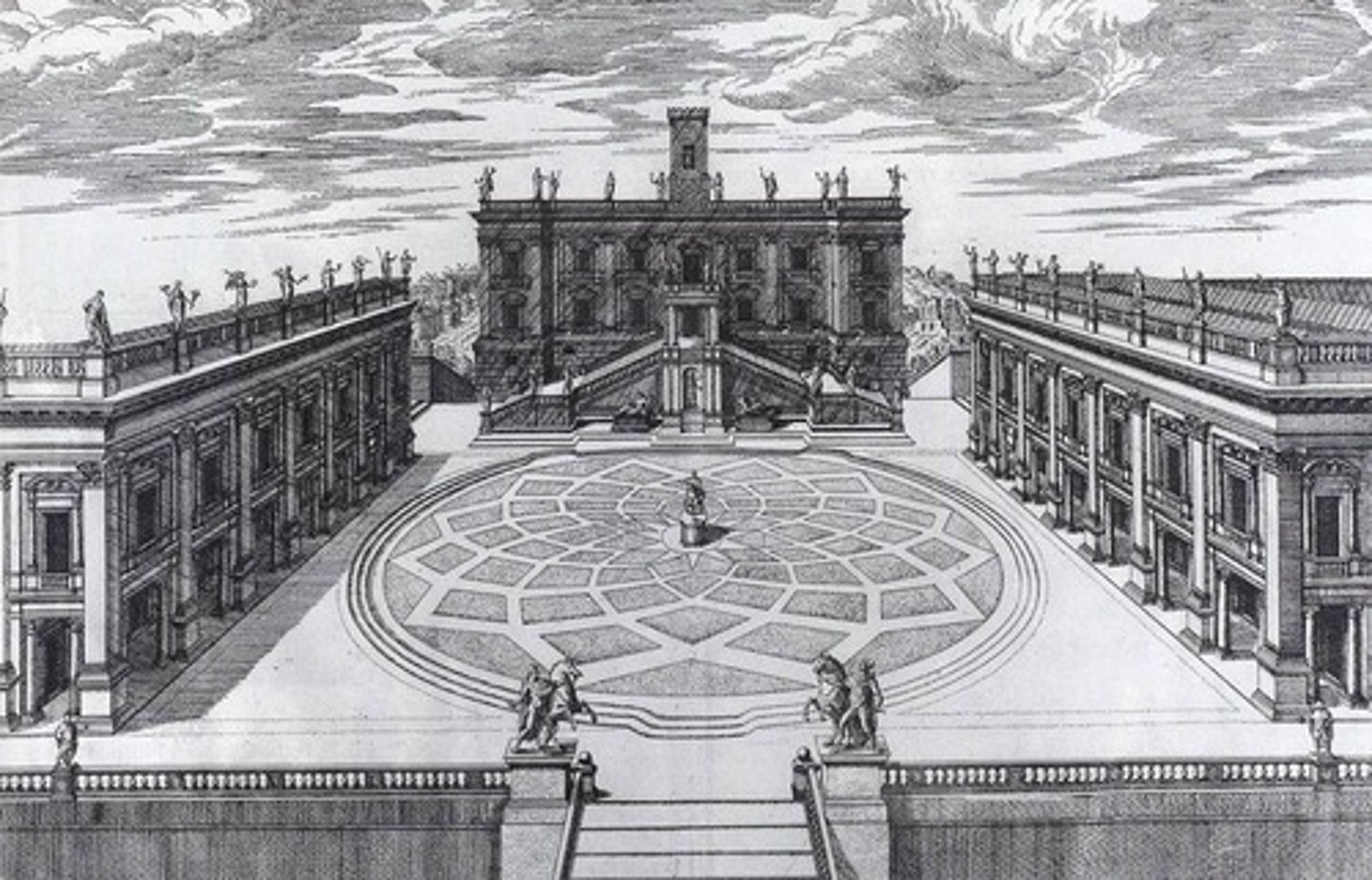 <p>Capitoline Hill, High Renaissance, 1537-46, Michelangelo</p><p>Commissioned by Pope Paul III. Former plaza of the center of Roman government. Largely abandoned before. The Palazzo dei Senatori/Roman Tabularium and the Palazzo dei Conservatori were associated with Roman power and were kept. Palazzo Capitalino was added, as well as a radial plaza design and staircase.</p>