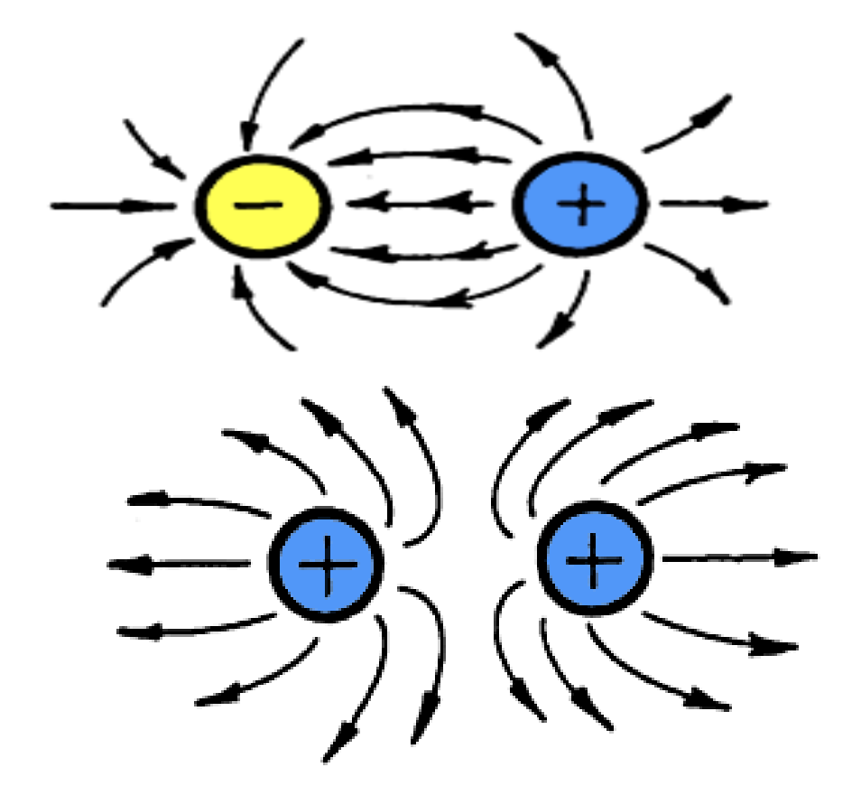 <p>different charges attract, same repel</p>