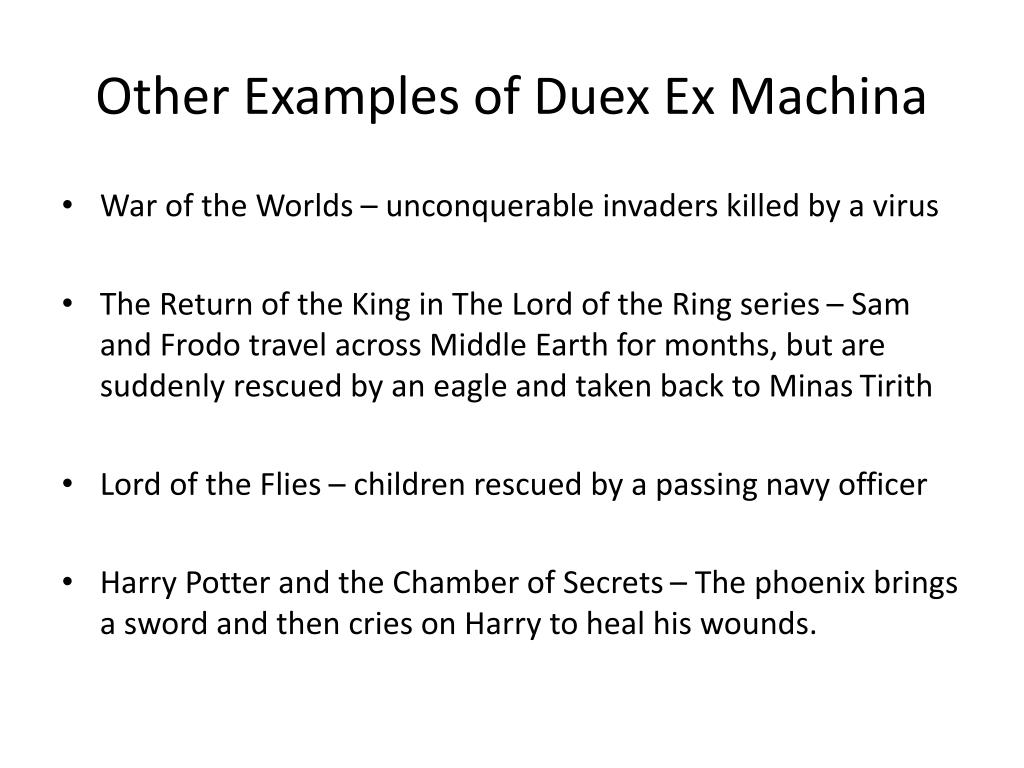 <p>A plot device used when a seemingly unsolvable conflict or impossible problem is solved by the sudden appearance of an unexpected person, object, or event.</p>