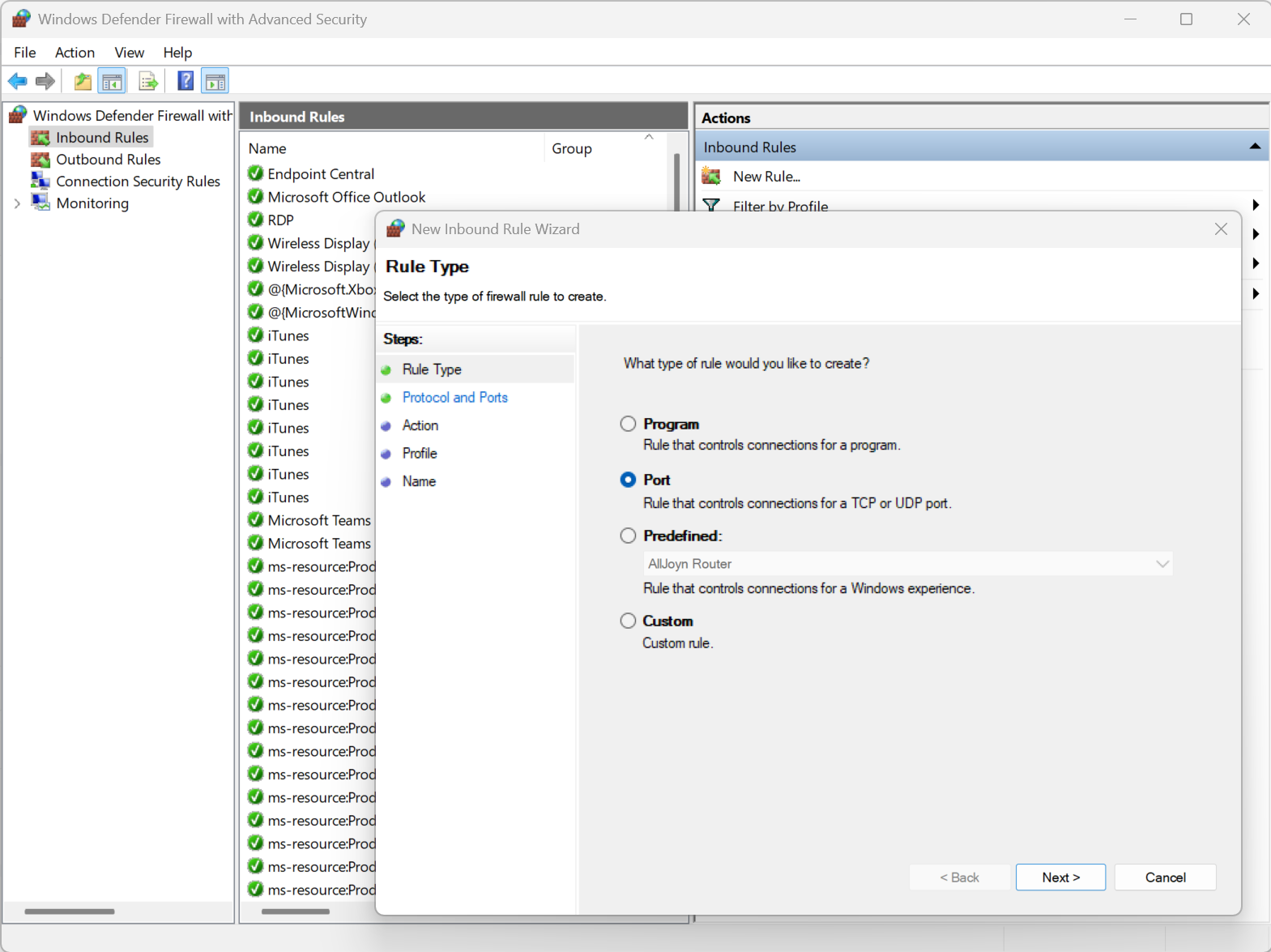 <p>Advanced settings &gt; Inbound/Outbound Rules &gt; New Rule &gt; Port. </p>