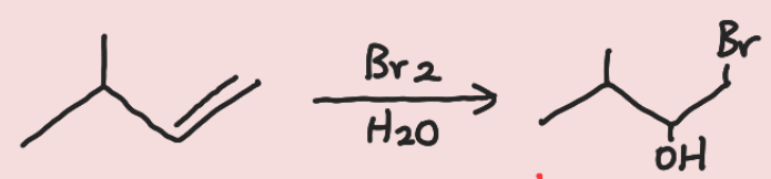 <p>Anti addition of OH & Br. <span style="color: yellow;"><strong>OH</strong></span> goes to <span style="color: yellow;"><strong>Markov</strong></span> position, <span style="color: red;"><strong>Br</strong></span> to <span style="color: red;"><strong>Anti-Markov</strong></span>.</p>