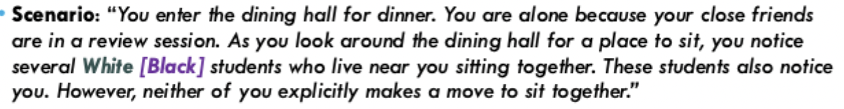 <ul><li><p>participants: black and white students at an American University. Initial studies demonstrated that both groups wanted more intergroup friendships</p></li><li><p>scenario ss</p></li><li><p>measures: Did this happen because you/they were not interested in sitting together? Did this happen because you/they were afraid of rejection?</p></li></ul><p></p>