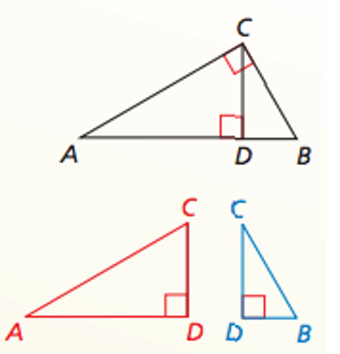 <p>If the altitude is drawn to the hypotenuse of a right triangle, then the two triangles formed are similar to the original triangle and to each other.</p>