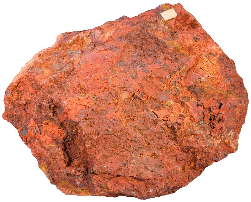 <p>Tan rock with orange, white, and brown pisoliths of aluminum, causing light weight. Dull.</p>