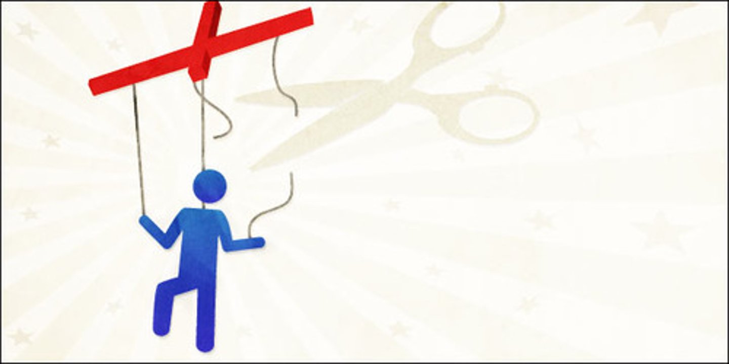<p>In political geography, when a group of people gain freedom from outside control - when they gain sovereignty, or the ability to govern themselves</p>