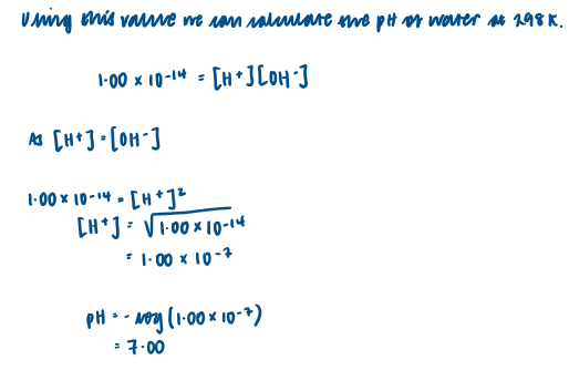<p>K<sub>w</sub>=[H<sup>+</sup>(aq)][OH<sup>-</sup>(aq)]</p><p>At room temp, Kw= 1.00 × 10<sup>-14</sup></p>