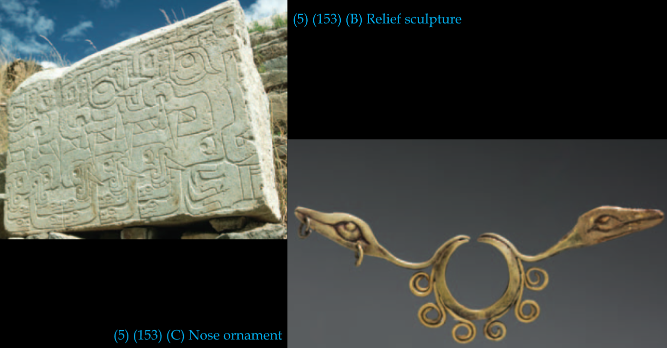 Culture: Chavín
Medium: Stone (granite)
- Nose ornament: hammered gold alloy