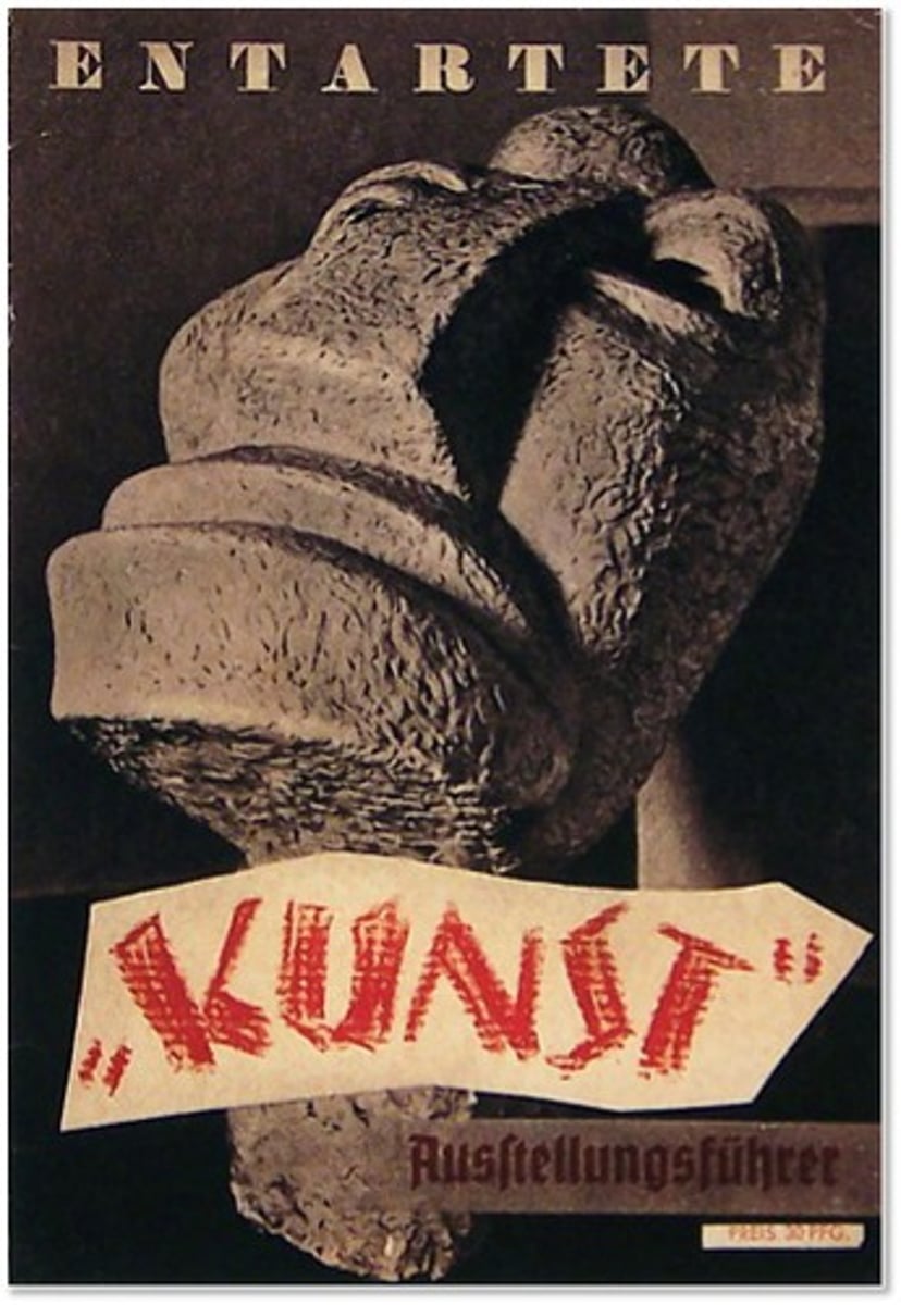 <p>- tłumaczenie: Sztuka zdegenerowana</p><p>- display oraz aranżacja zostały oparte na Międzynarodowych Targach Dada (1920)</p><p>- nazistowska wystawa</p><p>- pokazanie publiczności niemieckiej, że dadaizm, awangarda to sztuka zdegenerowana</p>