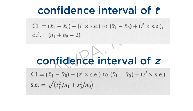 <p>Lets compute for the confidence interval of t </p><p>Lets analyze first, lets compare it with the z</p><ul><li><p>Your z became t, because we are not talking about the z.</p></li><li><p>We are now talking about the <u>students t distribution table.</u></p></li><li><p><u>degrees of freedom</u> present, because when we make use of t distribution table we always use this <u>n -1. </u></p></li><li><p>Why is it minus 2?, because you are now talking about <u>2 means.</u> </p><ul><li><p>The mean of the treatment group and the mean of the controlled group.</p></li></ul></li></ul><p>Let’s Compute</p><ul><li><p>How do you find the t using the t table?</p></li><li><p>On the left is the value of your df, you must know on how to get the df for you to get the value of your t. </p></li><li><p>On the top these are your confidence levels, study's confidence level is 95% </p><p>because it was not assumed.  </p></li><li><p>the statistical p of 95 is = 0.05</p><ul><li><p>so you will use 0.05 against 27 in this table, you will have the value of your t.</p></li><li><p>why 0.05 because we are looking for the two sided p. </p></li></ul></li><li><p>d.f = (14 + 15 -2 ) = 27</p></li><li><p>for the s.e, you must add you 2 s, s1 and s0 </p></li></ul><p>CI = (3.1743-3.6267) - (2.052 x </p><p></p>