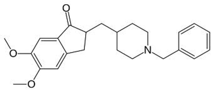 <p><strong>Brand:</strong> Aricept</p><p><strong>Class:</strong> Acetylcholinesterase inhibitor</p><p><strong>MOA:</strong> Inhibits acetylcholinesterase (the enzyme that breaks down acetylcholine) in the CNS. This increases levels of acetylcholine.</p>