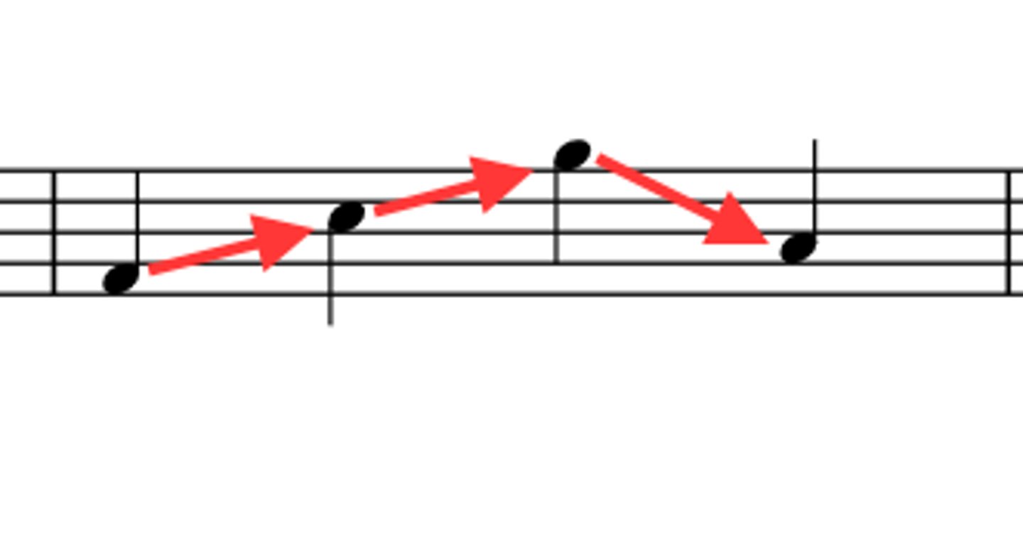 <p>describes a melody that moves by leaps and large intervals (larger than a whole step), creating a "jumpy" or exciting contour</p>