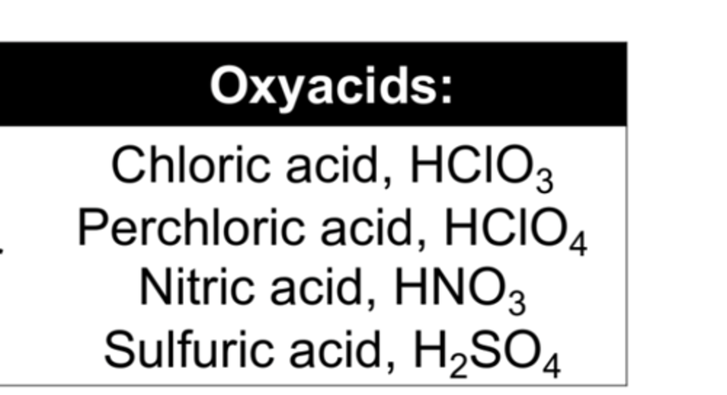 <p>acids that contain hydrogen, oxygen, and a third element (usually a nonmetal)</p>