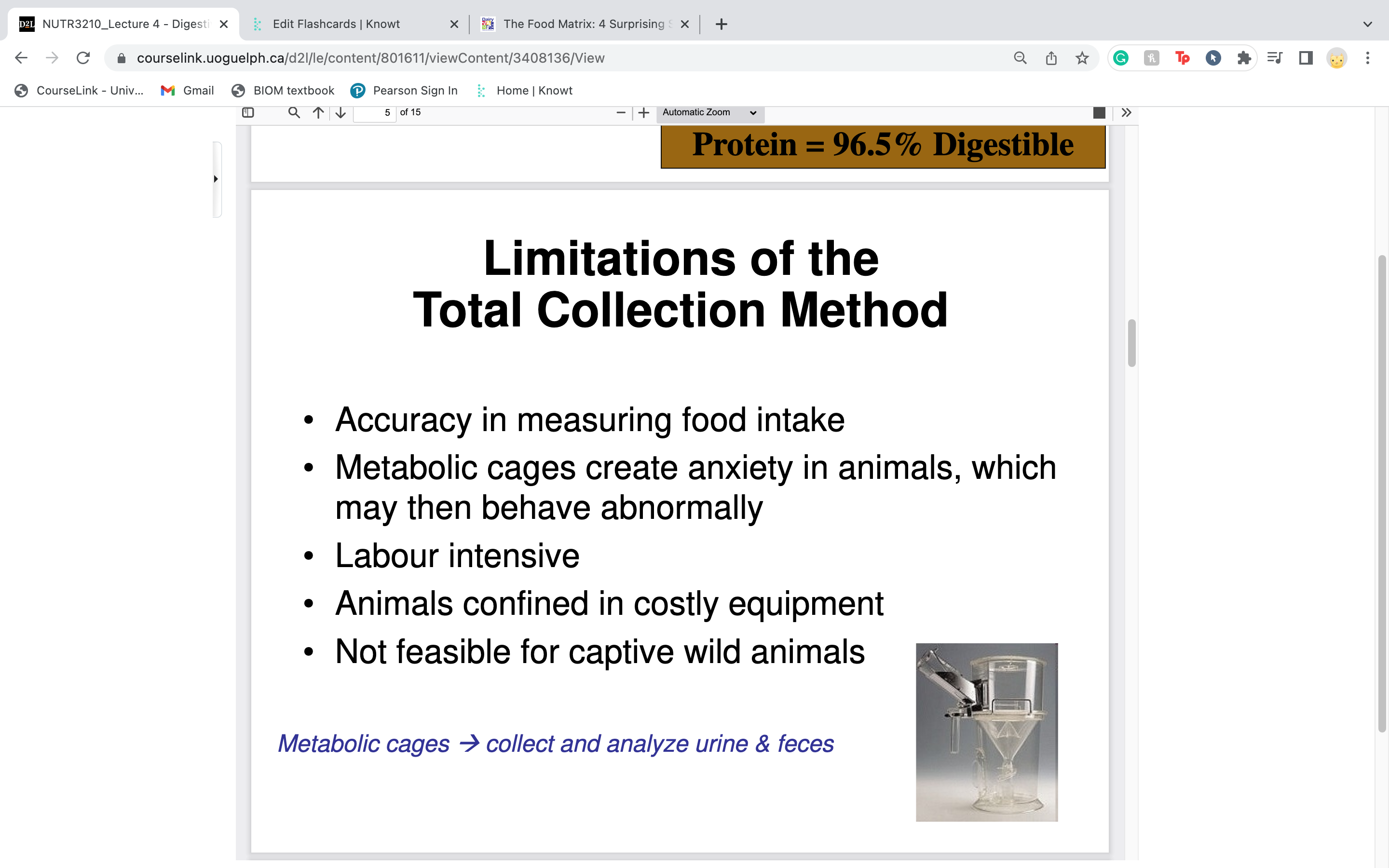 \-accuracy in measuring food intake 

\-the metabolic cages used cause anxiety in animals, which makes them behave abnormally

\-labour intensive

\-animals confined in costly environment

\-not feasible for captive wild animals 