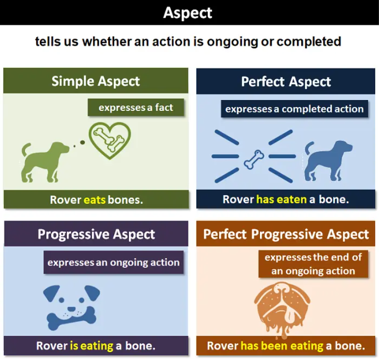 <p><strong>Simple</strong> –&nbsp;<em>sederhana</em>. Fakta / kebiasaan / aksi selesai tanpa fokus proses</p><p><strong>Continuous / Progressive</strong> –&nbsp;<em>terus-menerus / berprogres</em>. Sedang terjadi.<br><strong>Perfect</strong> –<em>sempurna</em>. Sudah selesai, dan ada hubungan dengan waktu berikutnya<br><strong>Perfect Continuous</strong> –&nbsp;<em>sempurna terus-menerus</em>. Kombinasi perfect + continuous: Aksi berlangsung lama dan masih terus terjadi.</p>