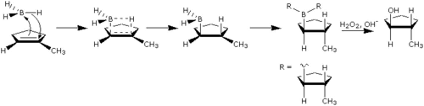 <p>dual attack of pi bond with B-H bond leads to cis relationship</p>