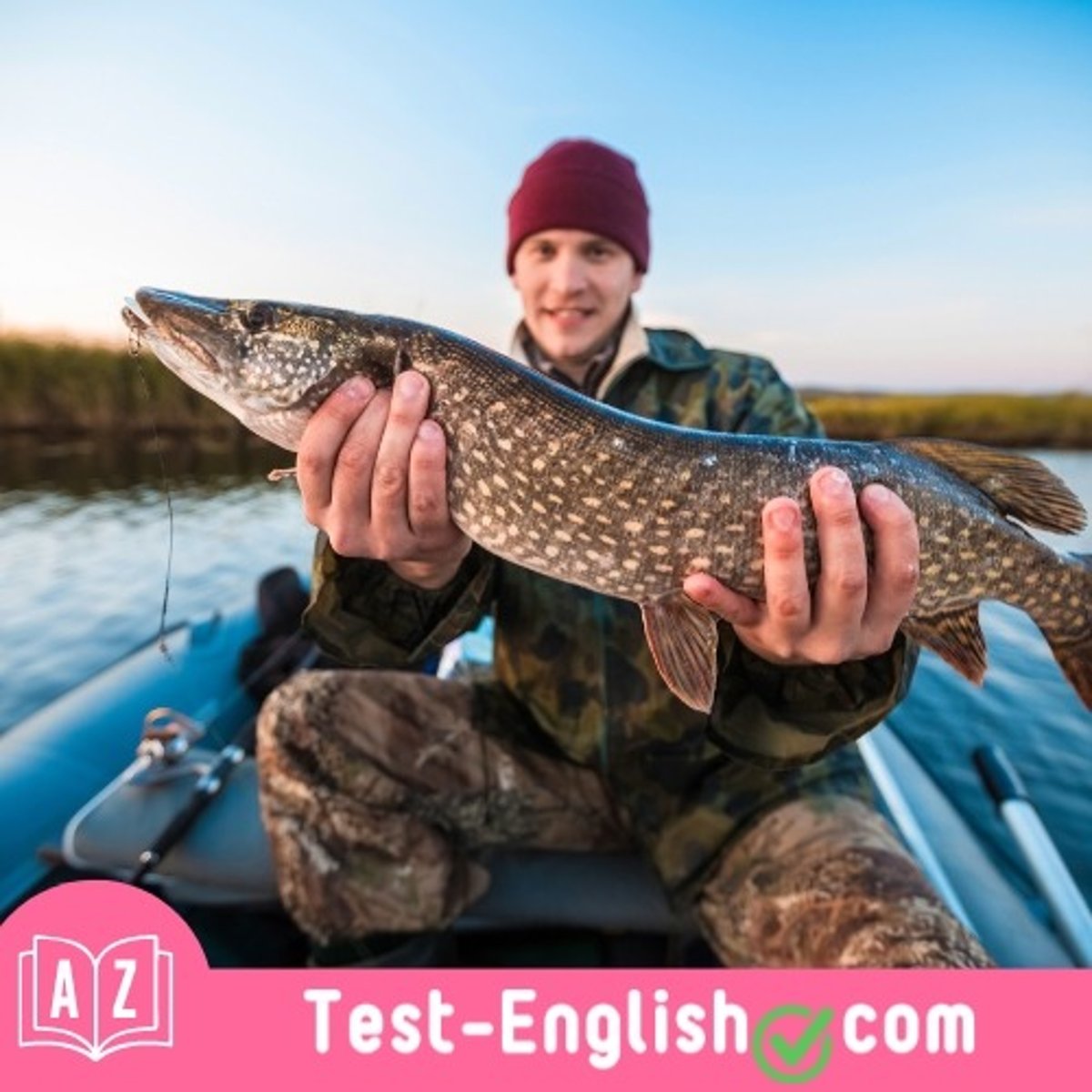 <p>He's _____ on fishing.</p>