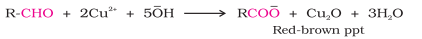 <ul><li><p>Test for Aliphatic Aldehyde</p></li><li><p>Does not work for aromatic</p></li><li><p>Fehling’s Reagent A: aq.CuSO<span>₄</span></p></li><li><p>Fehling’s Reagent B: Na/K tartarate</p></li><li><p>Oxidation takes place</p></li></ul>