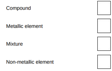 <p>This question is about elements, compounds and mixtures.</p><p>Substance A contains only one type of atom. </p><p>Substance A does not conduct electricity. </p><p>Which type of substance is A?</p>