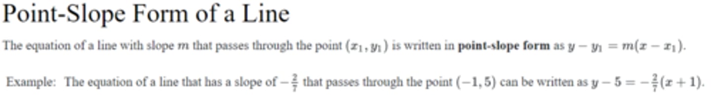 <p>This is a helpful form to write a linear function when we are given points and can find the slope (or are given a point and the slope). The slope formula can be helpful when using this as well (y2-y1)/(x2-x1).<br>If this image is too small it can be found in your CPM book or website 1.1.6 Page 21</p>