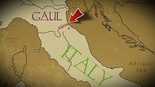 <ul><li><p>Forms the border of Gaul (ancient France) and Italy</p></li><li><p>Where Caesar said &quot;Alea iacta est&quot; and crossed with his army, thus declaring war on Rome itself</p></li></ul>