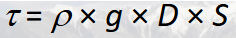 <p>p= fluid density</p><p>g= gravity</p><p>D= thickness/depth</p><p>S= slope</p>