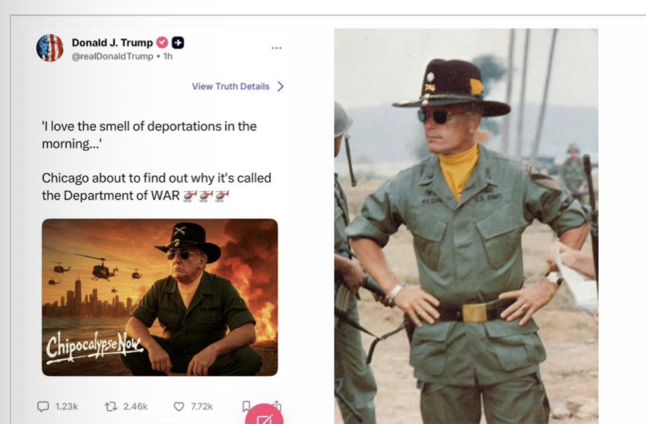 <ul><li><p><span><span>Images are not designed to be monumental, but networked</span></span></p></li></ul><ul><li><p><span><span>Lieutenant Kilgore: Vietnam war —> young junior son lifer tasked to find/bring in/kill a wall successful general —> as he travels up jungle river, he goes back in time</span></span></p><ul><li><p><span><span>“I love the smell of Napalm in the morning air”</span></span></p></li><li><p><span><span>Calvary hat (1880s); moments of violence in US history</span></span></p></li><li><p><span><span>Film intended to critique war</span></span></p></li></ul></li><li><p><span><span>Focusing on traditional values + the unsettling: turn towards war&nbsp;</span></span></p></li></ul><p></p>