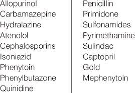 <p>phenytoin, carbamepine (antivonvulsants)  allopurinol , isoniazid, quinidine. </p>