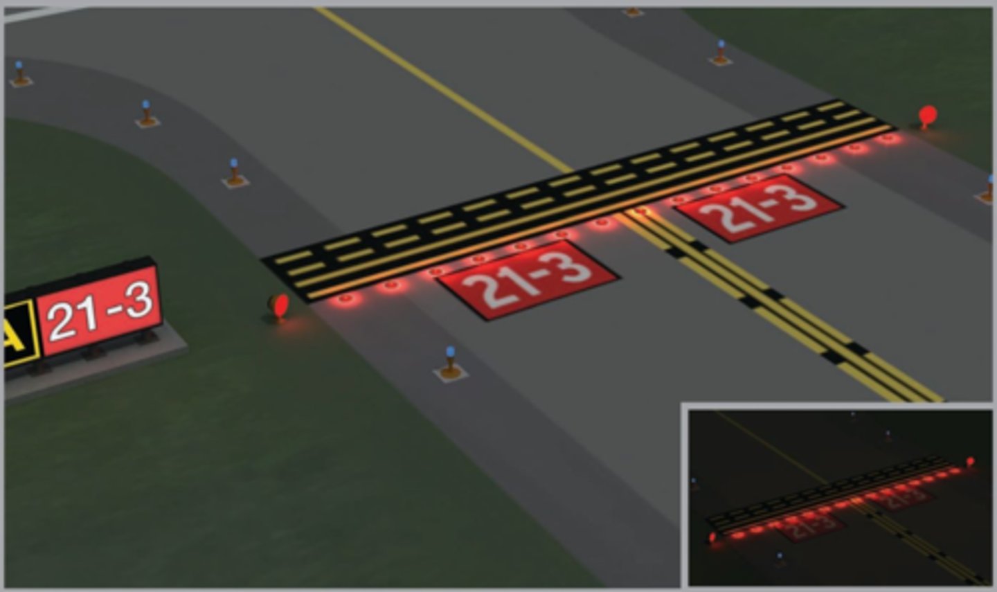 <p>Stop Bar Lights are red in-pavement lights across the taxiway at the runway holding position, used in low visibility (RVR below 1,200 ft).</p><p>Pilots must never cross an illuminated stop bar. After ATC issues clearance, the red stop bar turns off and green taxiway lead-on lights turn on to guide the aircraft onto the runway.</p>