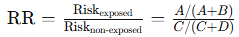 <ul><li><p>The ratio of risk in the exposed group to risk in the non-exposed group.</p></li><li><p>Unfortunately, it is not always possible to determine the relative risk. It is only possible if a representative part of the target population is sampled.</p></li><li><p><strong>Formula: </strong>P(D/Exposed)/P(Disease/not exposed)</p></li><li><p><strong>Interpretation: </strong>Someone who is exposed to the risk factor is 1,5 times more likely to get the disease than someone who wasn’t exposed or being exposed to the risk factor increase you chance of the disease by 50%</p><ul><li><p>RR &gt; 1: Higher risk in exposed group</p></li><li><p>RR &lt; 1: Lower risk in exposed group</p></li><li><p>RR = 1: No difference</p></li></ul></li><li><p>RR eph vs gzw = 2.3 dus RR gzw vs eph = 1/2,3</p></li><li><p>Conclusion: RR &gt; 1 if and only if OR &gt; 1</p></li><li><p>RR &lt; 1 if and only if OR &lt; 1</p></li><li><p>RR = 1 if and only if OR = 1</p></li></ul><p></p>