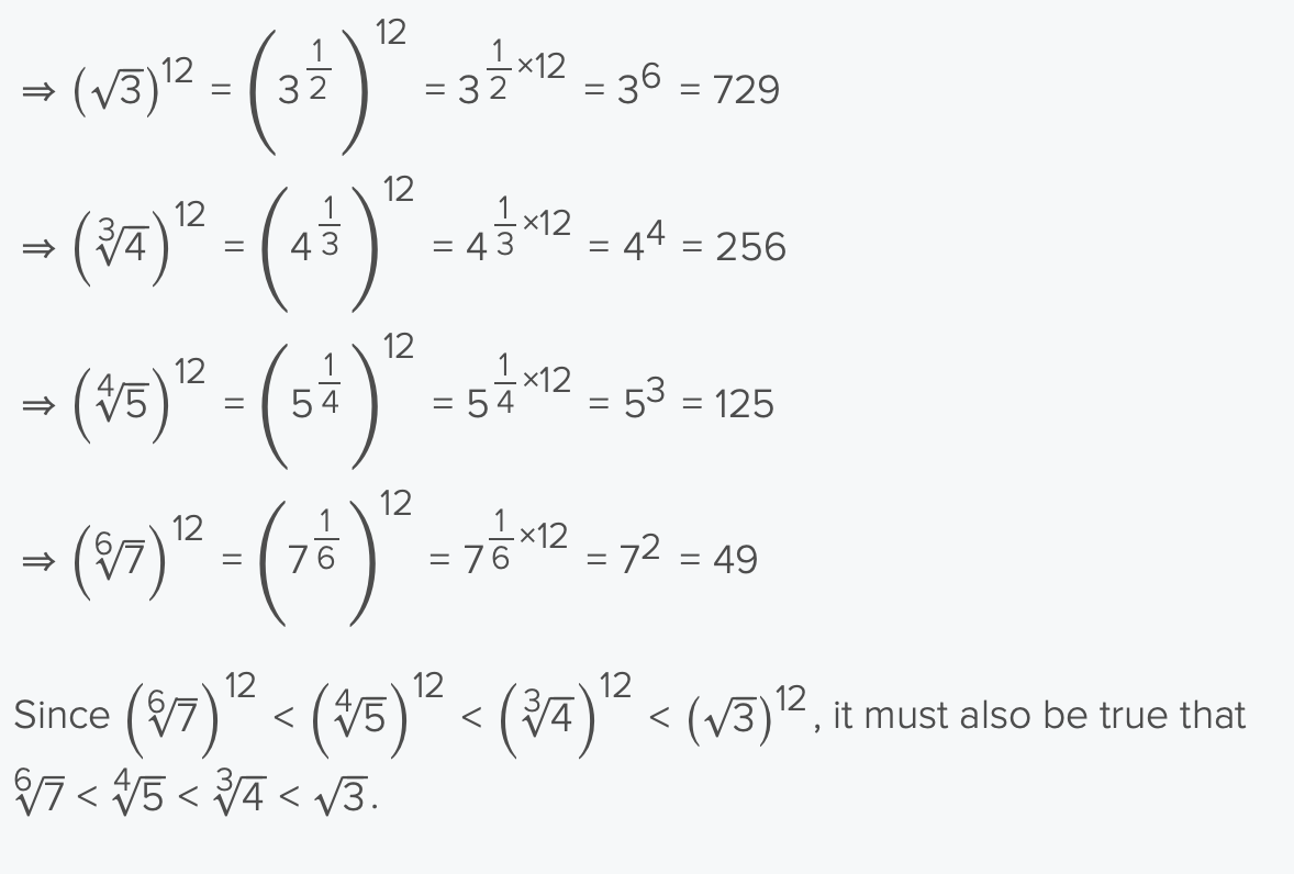 <p>Try to make the exponents smaller by raising all values to a power of (1/GCF)</p><ul><li><p>for example rank in descending order </p><ul><li><p>3¹⁰⁰, 4⁷⁵, 5⁵⁰, 6²⁵</p></li><li><p>divide each exponent by 35</p></li><li><p>3⁴, 4³, 5², 6 → rest if example in screenshot </p></li></ul></li></ul><p></p>