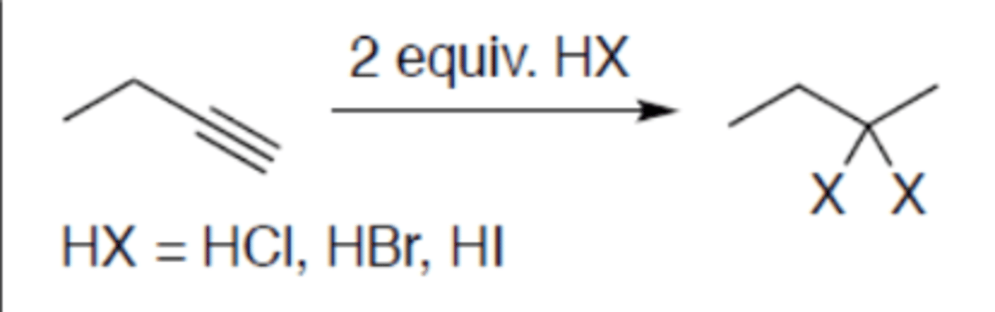 <p>Carbocation: yes (no rearrangement)</p><p>Regiochemistry: mark</p><p>Stereoselectivity: anti</p><p>Reagent(s): HX = HCl, HBr, HI</p><p>- Becomes alkane and adds 2 X to more stable CC+</p>