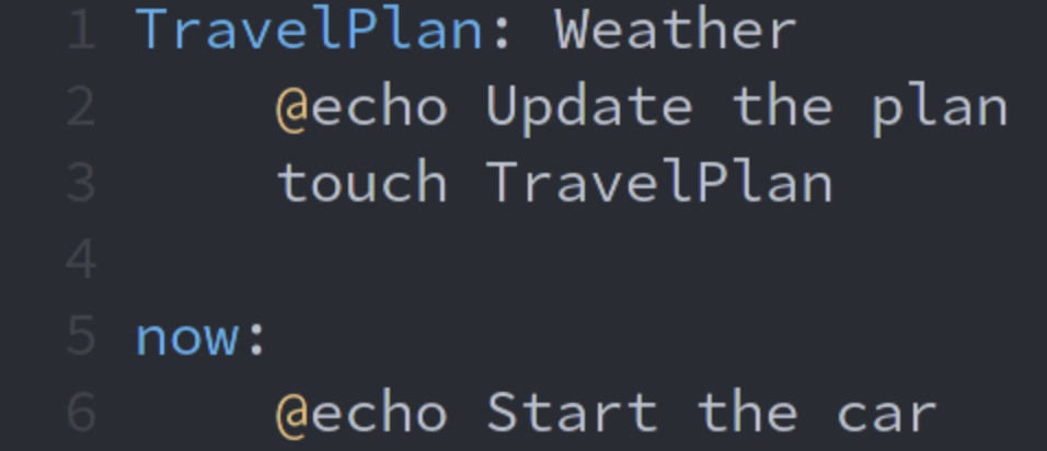 Under which circumstance will make not run the "touch" command (on line number 3) when the user runs the "make TravelPlan" command?