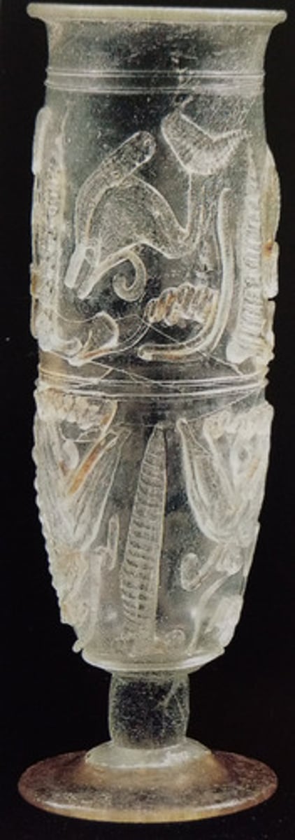 <p>Roman flasks and goblets decorated with ribbons usually of colored glass trailed on in fantastic patterns with a transverse ribbed effect</p>