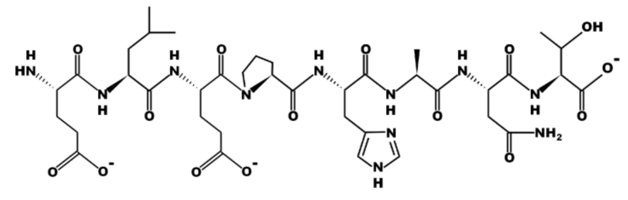 <p>Part A: Input the sequence of the above peptide using only the one letter codes. DO NOT INCLUDE PUNCTUATION. DO NOT MIX LETTER CASE.</p><p>Part B: Is the peptide drawn at an acidic (below pH 7) or basic (above pH 7) pH?&nbsp; (Enter only 'acidic' or 'basic' as your answer).</p>