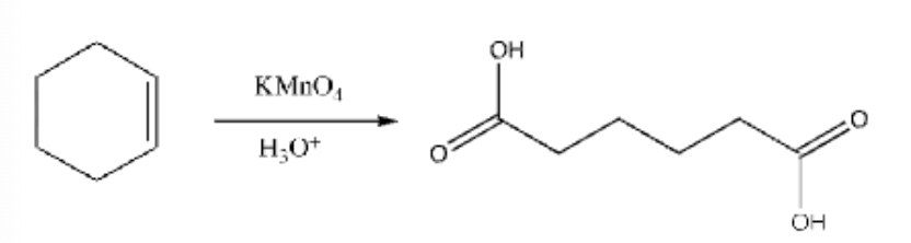 <p>KMnO<sub>3</sub> / H<sub>3</sub>O<sup>+</sup></p><p>Similar to ozonylsis, but OH is added to the central carbon to create carboxylic acid</p>