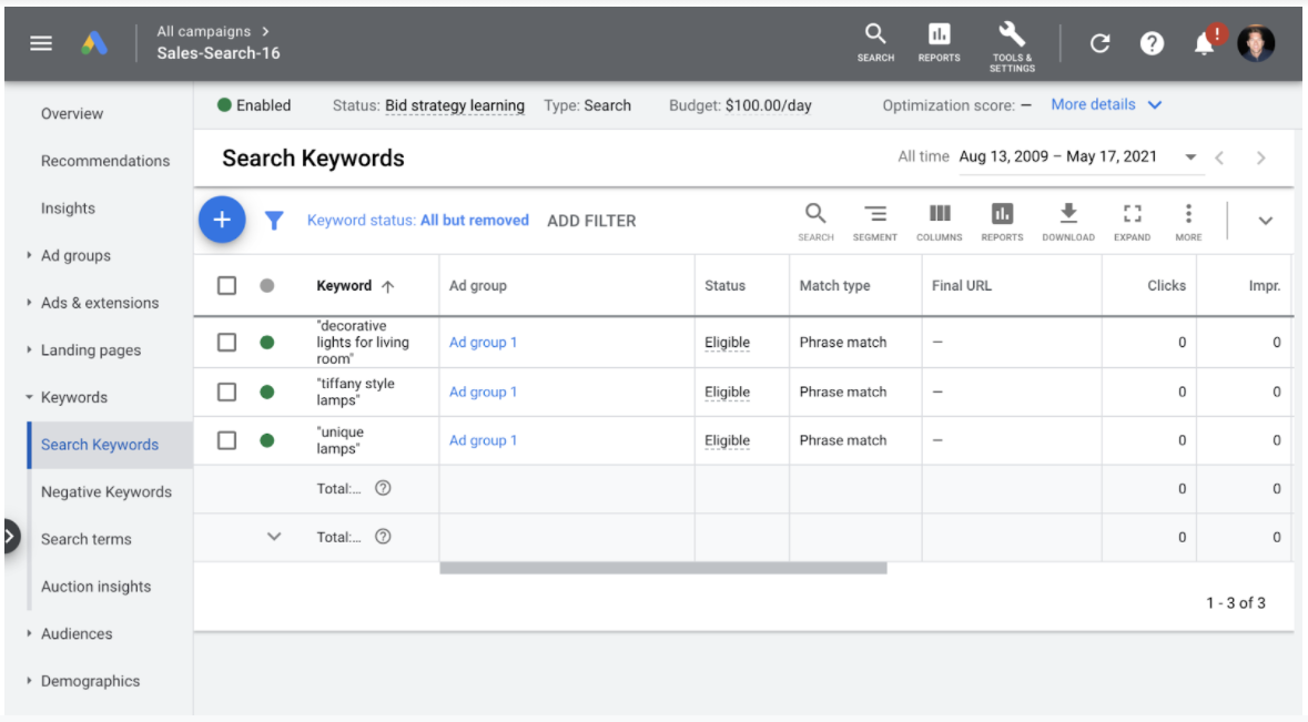 <p>Keyword bids, match types, and data can only be managed at the campaign and ad group levels</p>