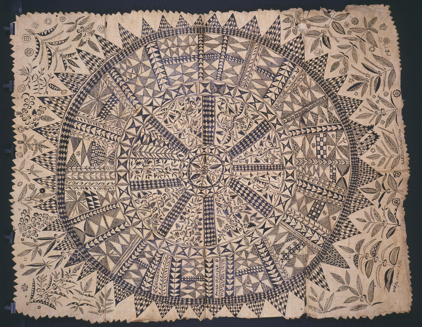 <p>The content of the painted design in the work shown can best be described as</p><p><strong>A </strong>abstract geometric patterns and stylized representations of plants</p><p><strong>B </strong>a combination of sacred symbols copied from Spanish religious art</p><p><strong>C </strong>a stylized map representing fields, settlements, and forests</p><p><strong>D </strong>abstract representations of the accomplishments of men</p>