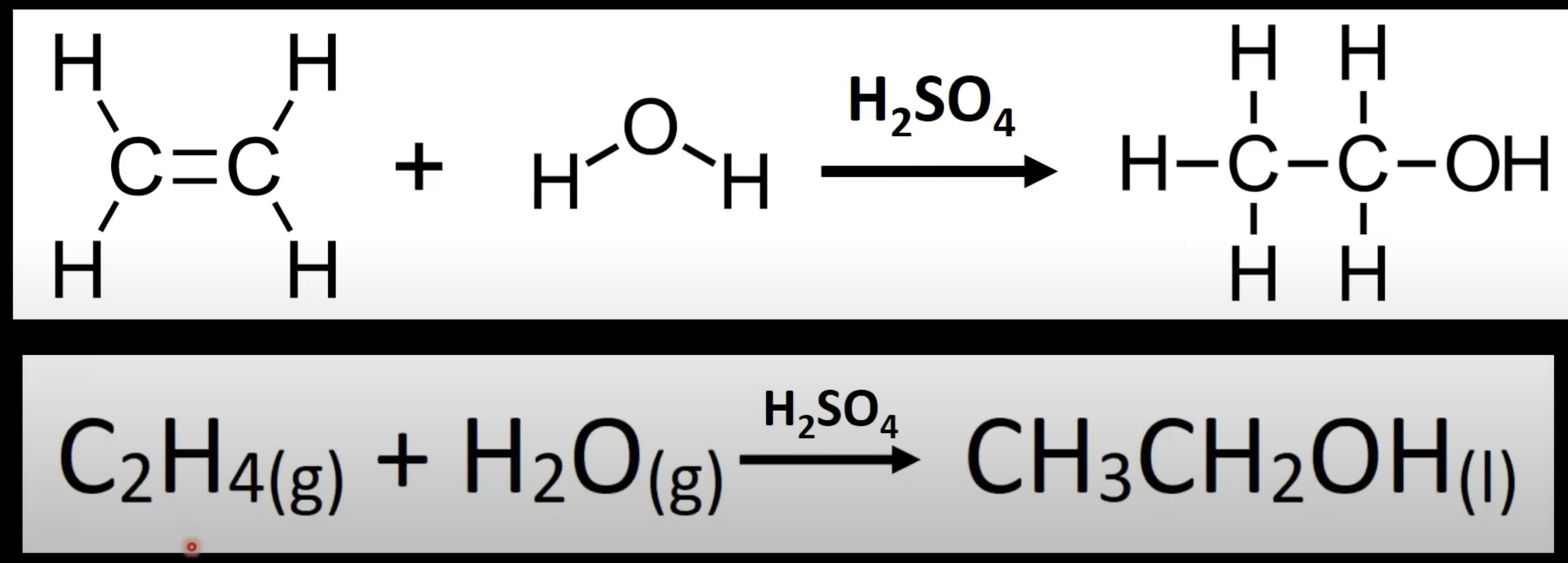 <p>Alkene + steam → alcohol. </p><p>Uses H₂SO₄ catalyst. </p><p>Example: Ethene + H₂O → ethanol.</p>