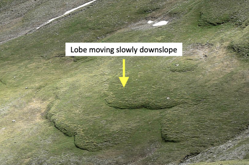 Gradual movement f water-saturated soil over frozen ground (permafrost) that acts as a sliding plane, downslope

 

It occurs in the summer in a periglacial environment

\
