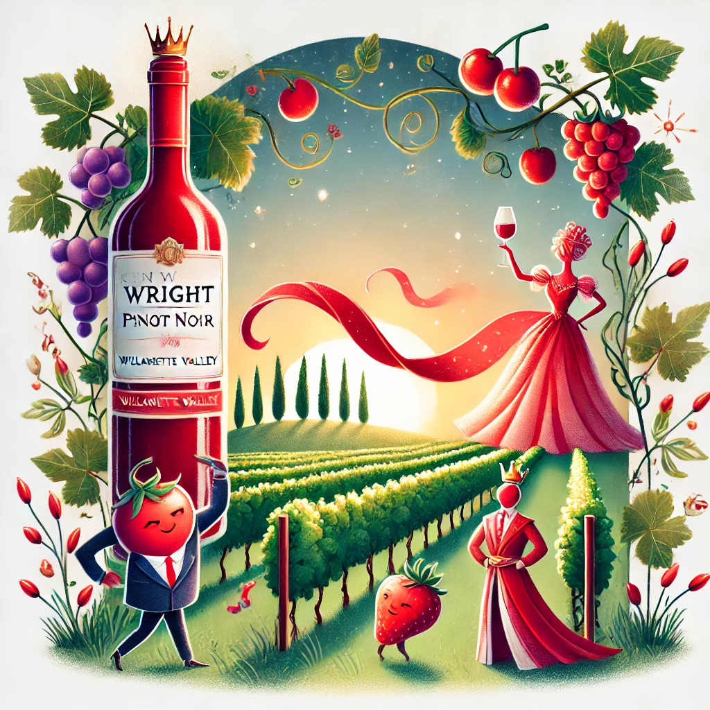 The scene features vibrant red fruit characters dancing with delicate floral characters under a canopy of grapevines. A silky ribbon of wine weaves gracefully through the vineyard, while a premium wine bottle with a crown and cape oversees the sophisticated setting. The smooth and lingering finish is symbolized by a glowing sunset, reflecting the wine's refined and premium quality.